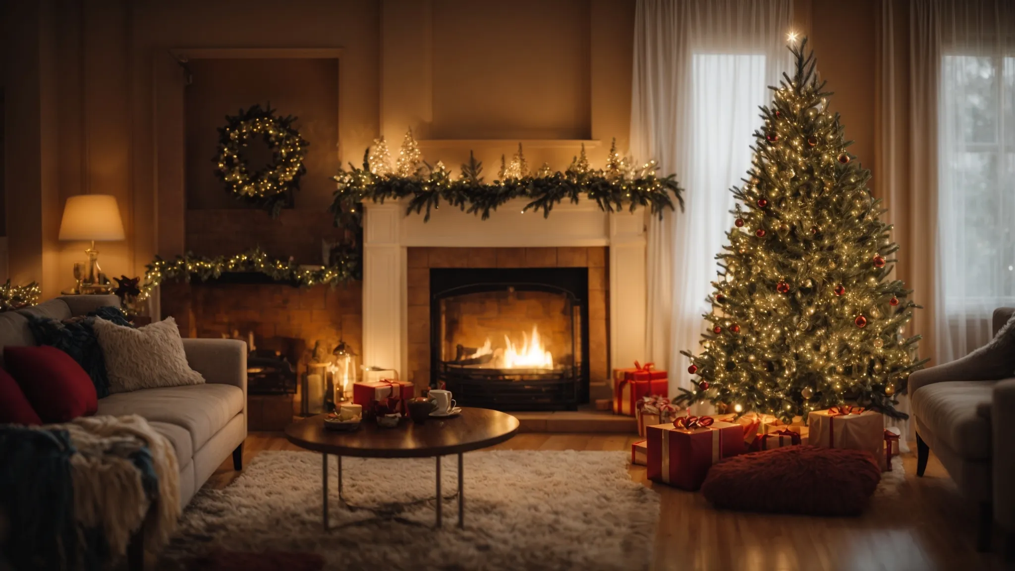 a cozy living room decorated with a bright, festive christmas tree beside a warm, glowing fireplace.